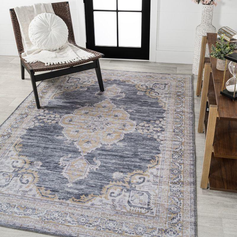 Wincer Chenille Cottage Medallion Machine-Washable Dark Gray/Yellow 3 ft. x 5 ft. Area Rug - JONATHAN Y