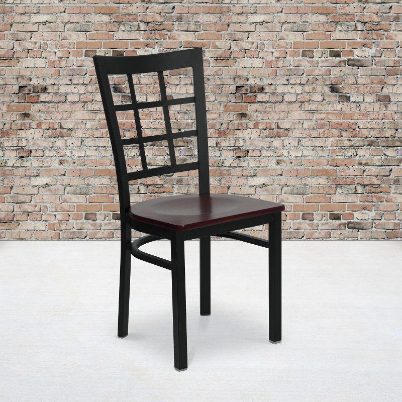 Elegant Window Back Steel Side Chair with Mahogany Wood Seat