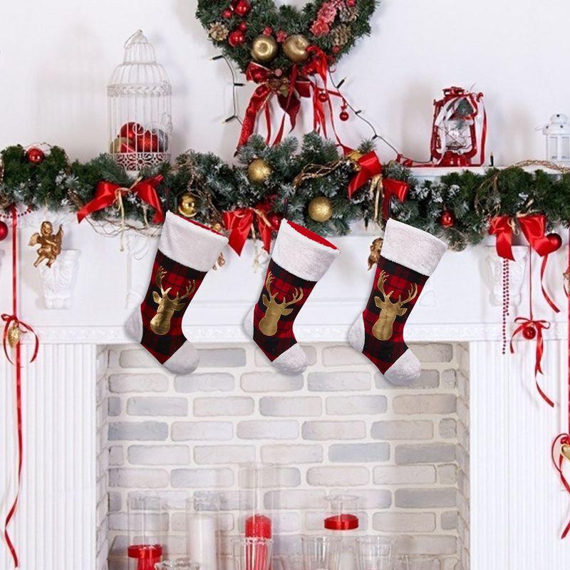 20" Large Christmas Stockings, 3 Pack Red Buffalo Plaid Xmas Stockings with Elk Pattern