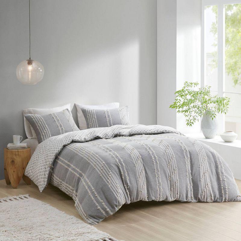 Ink+Ivy 3pc King/California King Kara Cotton Jacquard Duvet Cover Set Gray: OEKO-TEX Certified, Farmhouse Style