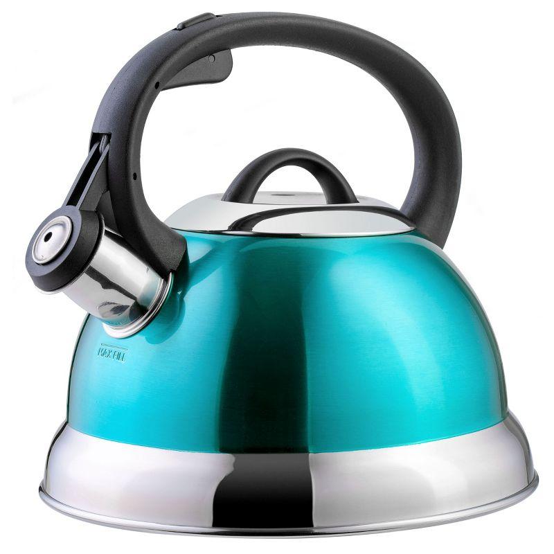 Turquoise Stainless Steel Whistling Tea Kettle with Nylon Handle, 1.75 Quart