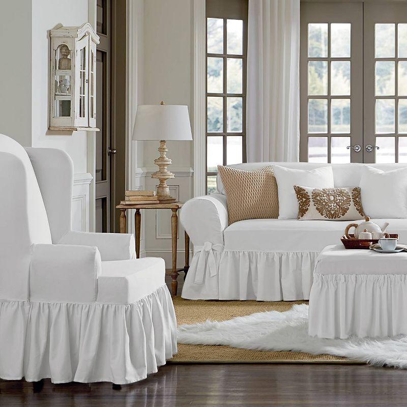 White Cotton Twill Ruffled Sofa Slipcover