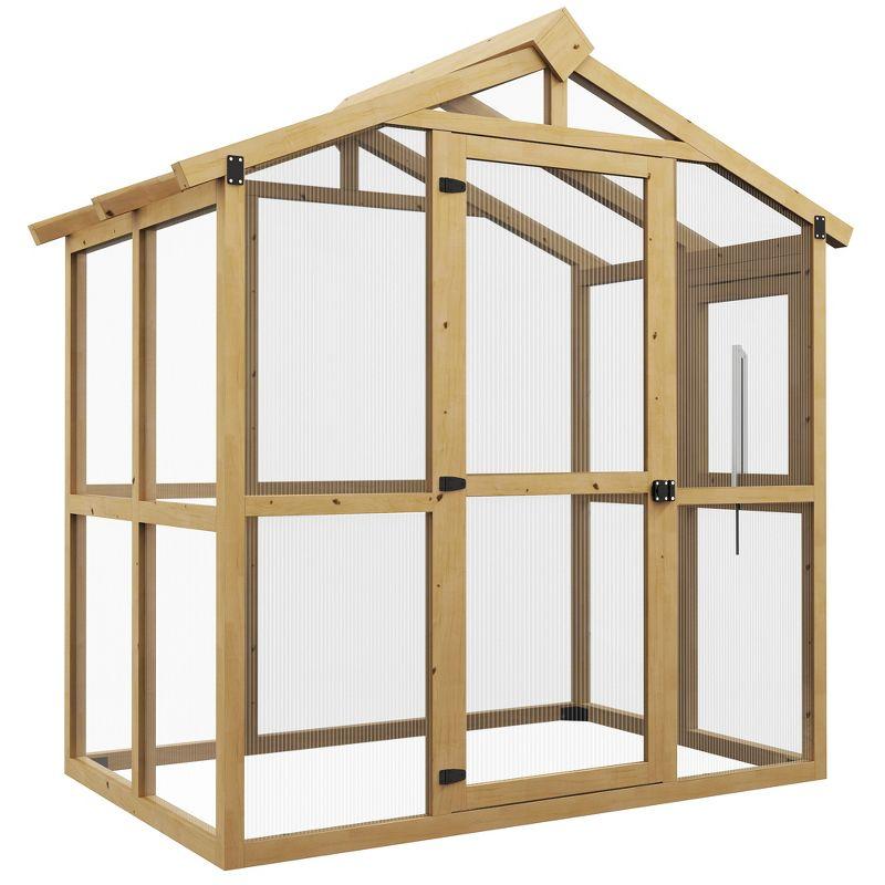 Outsunny 6.5' x 4' x 6.7' Walk-in Polycarbonate Greenhouse with Automatic Temperature Window and Lockable Door, Wood Frame