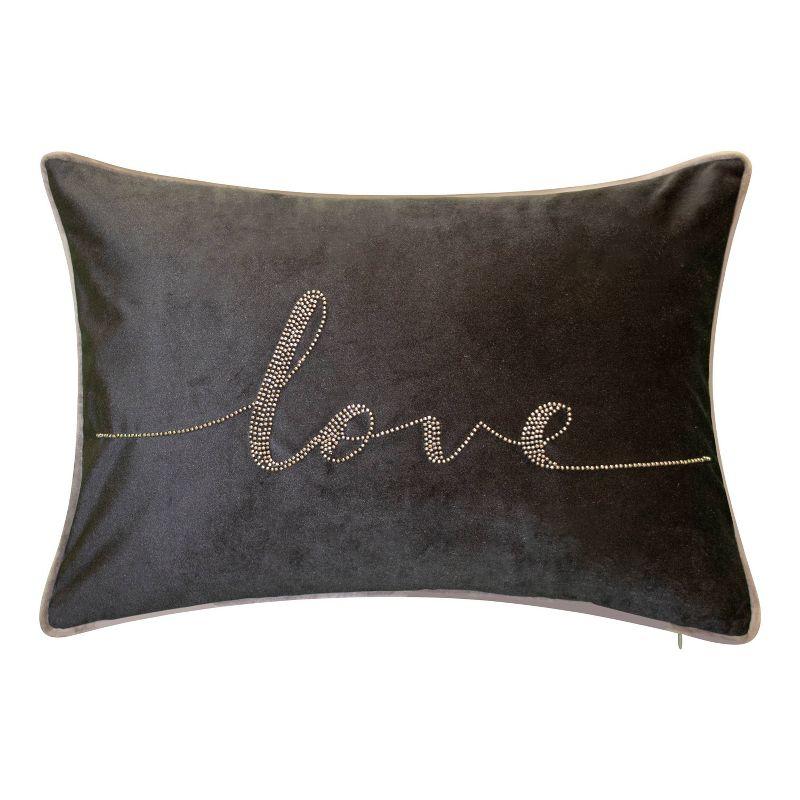 12"x18" Poly-Filled Beaded 'Love' Luxe Velvet Lumbar Throw Pillow Black - Edie@Home: Glamorous Rectangular Decorative Cushion