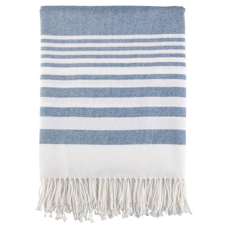 Blue and White Striped Fringe Throw Blanket