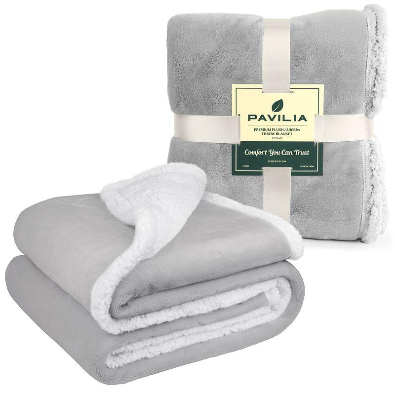 PAVILIA Premium Faux Shearling Fleece Throw Blanket for Bed, Reversible Warm Blanket for Couch Sofa, Light Gray/Throw - 50x60