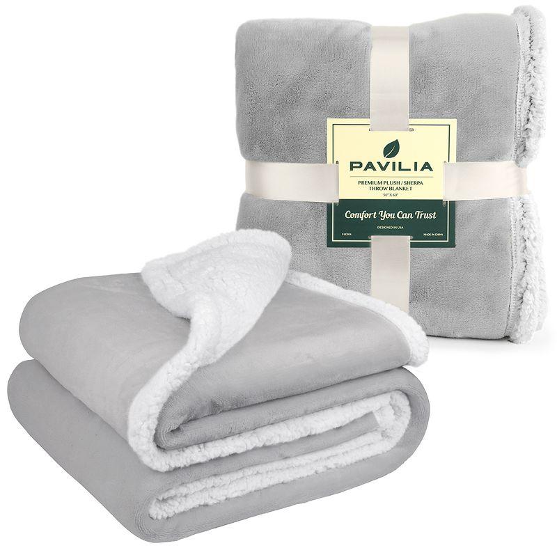 PAVILIA Premium Faux Shearling Fleece Throw Blanket for Bed, Reversible Warm Blanket for Couch Sofa