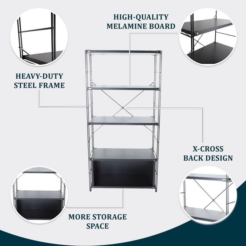 LeisureMod Etagere 4 Shelves Bookcase with Black Stainless Steel Frame and Melamine Board Shelves