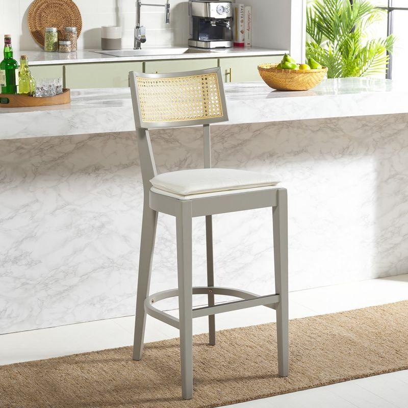 Grey and Natural Wood Woven Cane Bar Stool