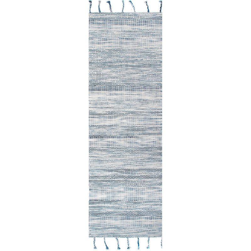 Blue Geometric Cotton Tassel Runner Rug, 2' x 6'