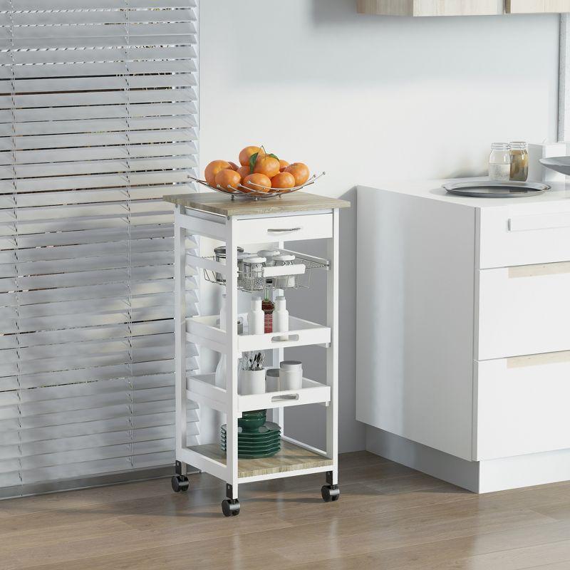 HOMCOM Mobile Rolling Kitchen Island Trolley Serving Cart with Underneath Drawer & Slide-Out Wire Storage Basket, White