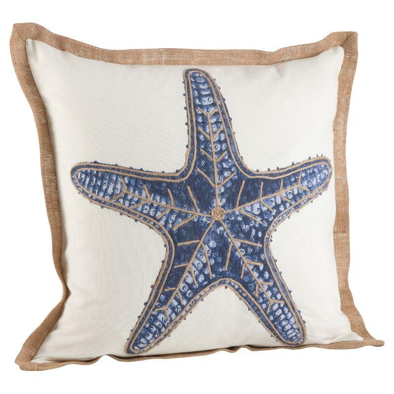 20" Navy Blue Starfish Embroidered Cotton Square Throw Pillow