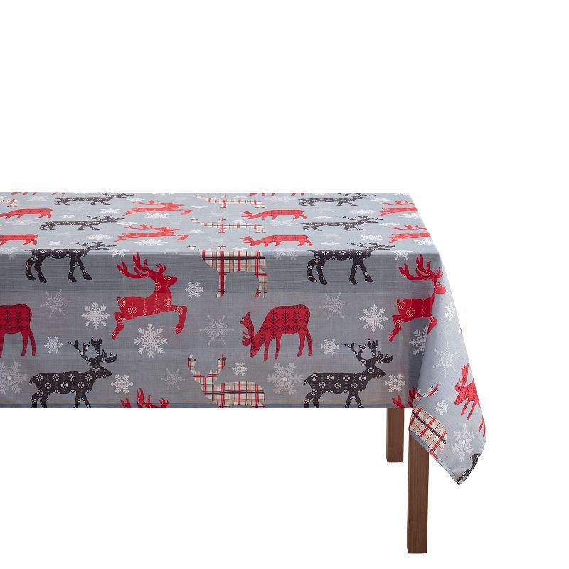Kate Aurora Holiday Living Plaid Christmas Reindeer & Snowflakes Fabric Tablecloth - 8-10 Chairs