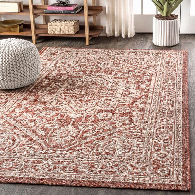 8'x10' Sinjuri Medallion Textured Weave Indoor/Outdoor Area Rug, Red/Taupe - JONATHAN Y