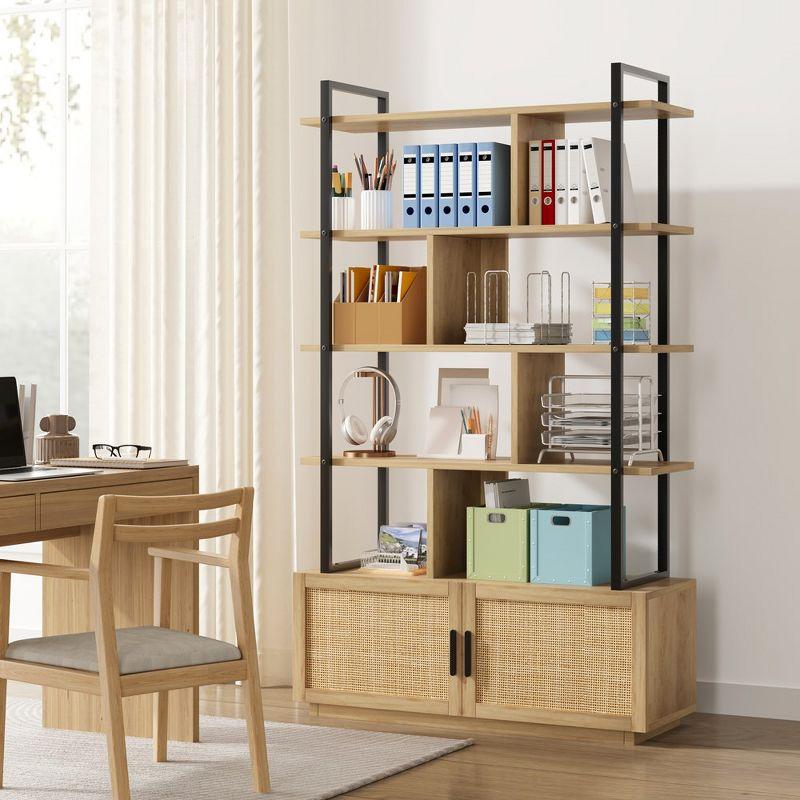5 Tier Rattan Bookshelf with Storage Cabinet & Door, 71.1 Inch Tall Industrial Book Shelf,5 Shelf Bookcase with Metal Frame-Burlywood