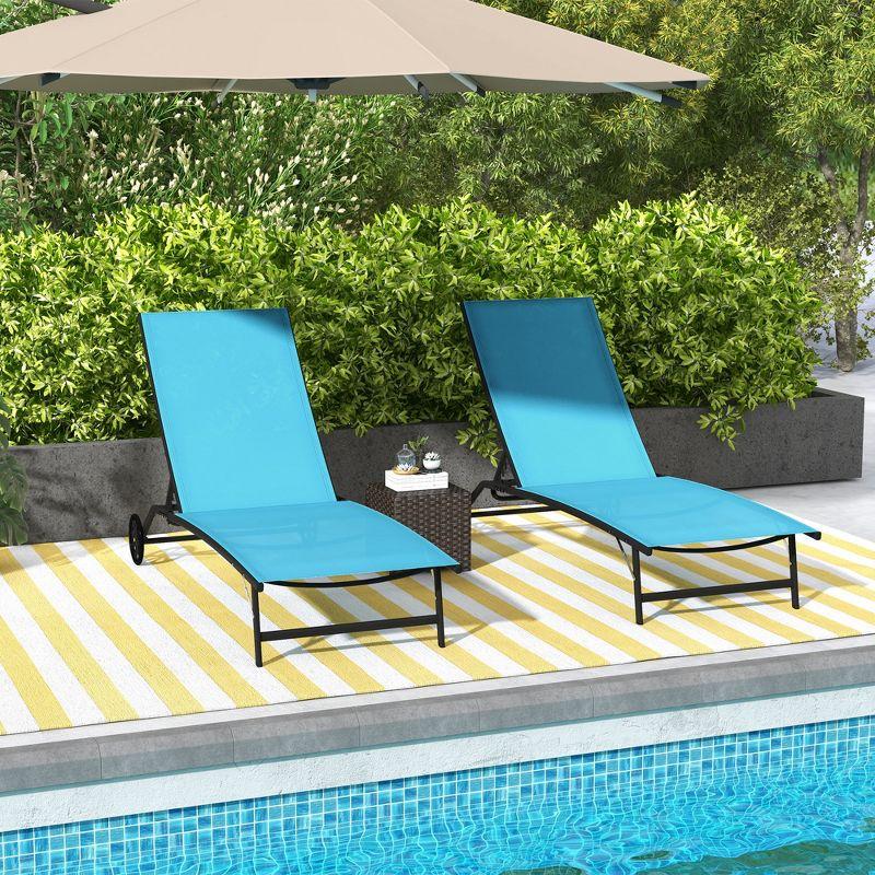 Outsunny Patio Chaise Lounge Chair Set of 2, 2 Piece Outdoor Recliner with Wheels, 5 Level Adjustable Backrest for Garden, Deck & Poolside