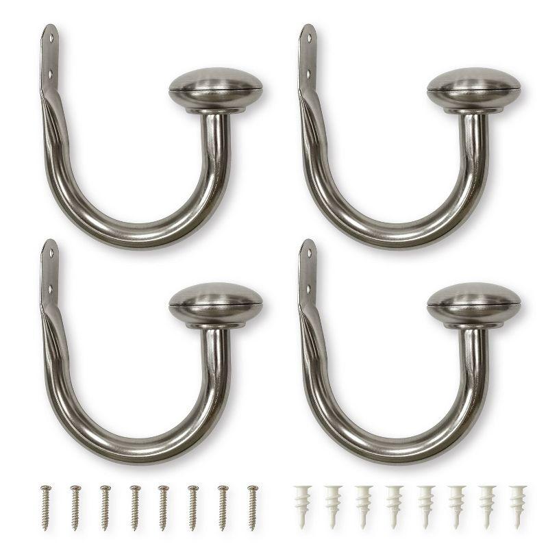 Set of 4 (5"x6.5") Steel Curtain Holdbacks in Brushed Nickel - Lumi Home Furnishings: Tieback Hooks, Rounded Cap Design