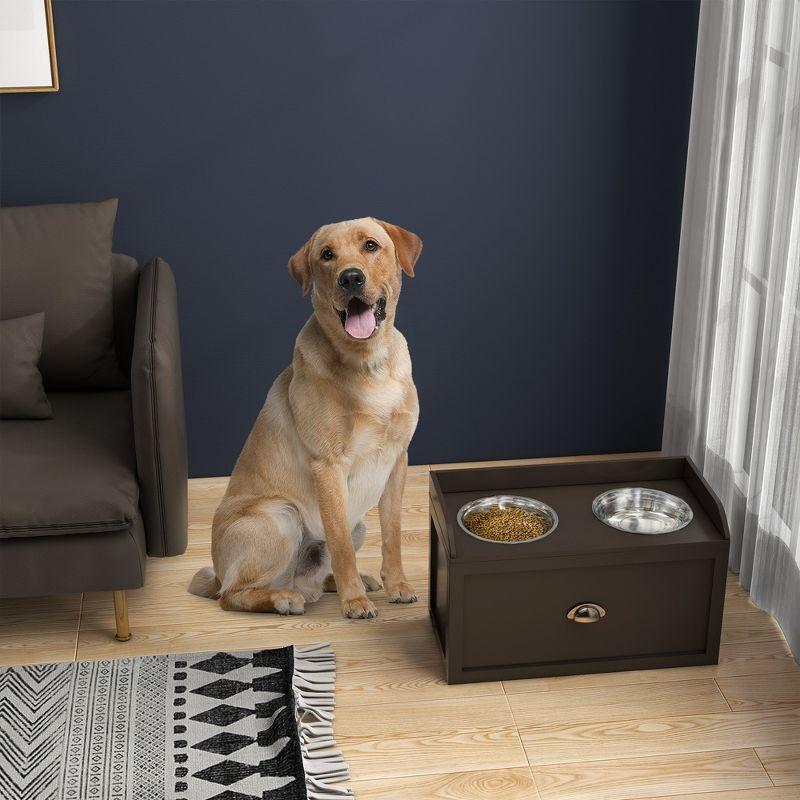 Large Coffee Elevated Dog Feeding Station with Storage Drawer