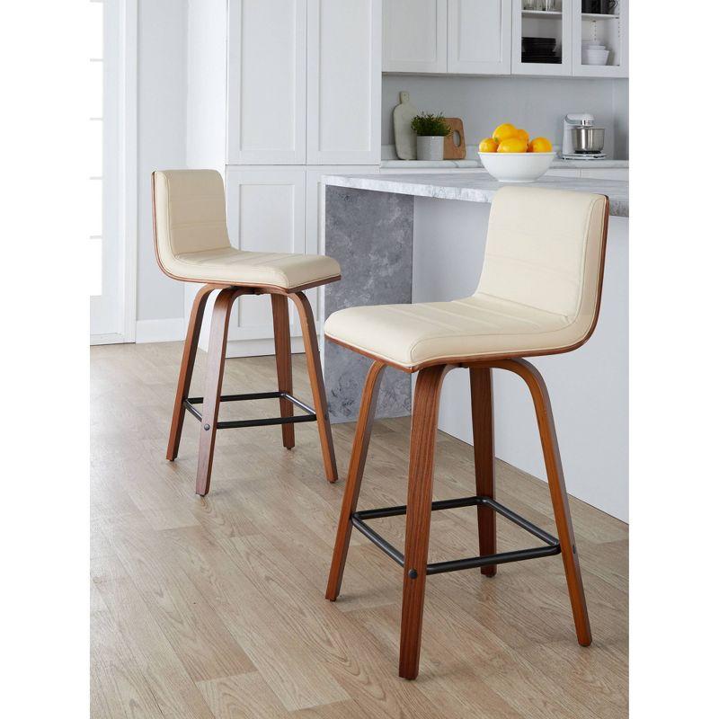 Cream Faux Leather Swivel Counter Stools with Walnut Wood