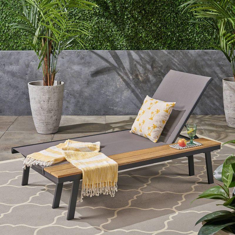 Gray Mesh and Aluminum Outdoor Chaise Lounge with Side Table