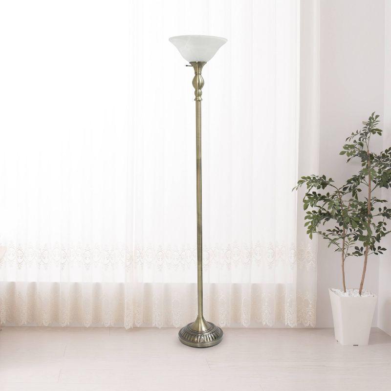 Antique Brass Elegance Torchiere Floor Lamp with Marbleized White Shade