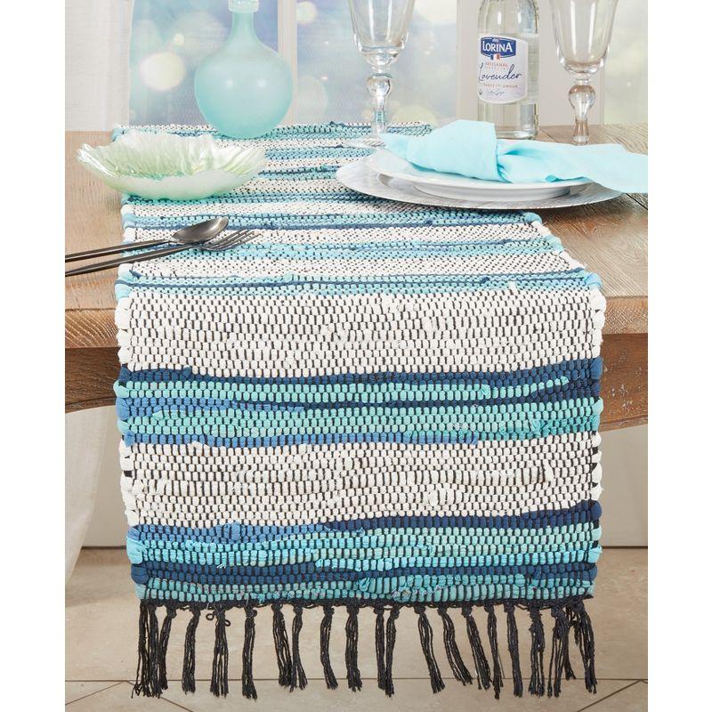 Saro Lifestyle Boho Chic Stripe Chindi Table Runner with Fringe, 16"x72", Blue