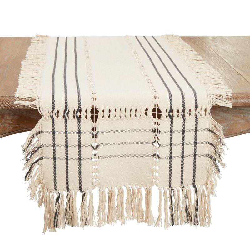 Beige Cotton Plaid Hemstitch Table Runner with Fringe