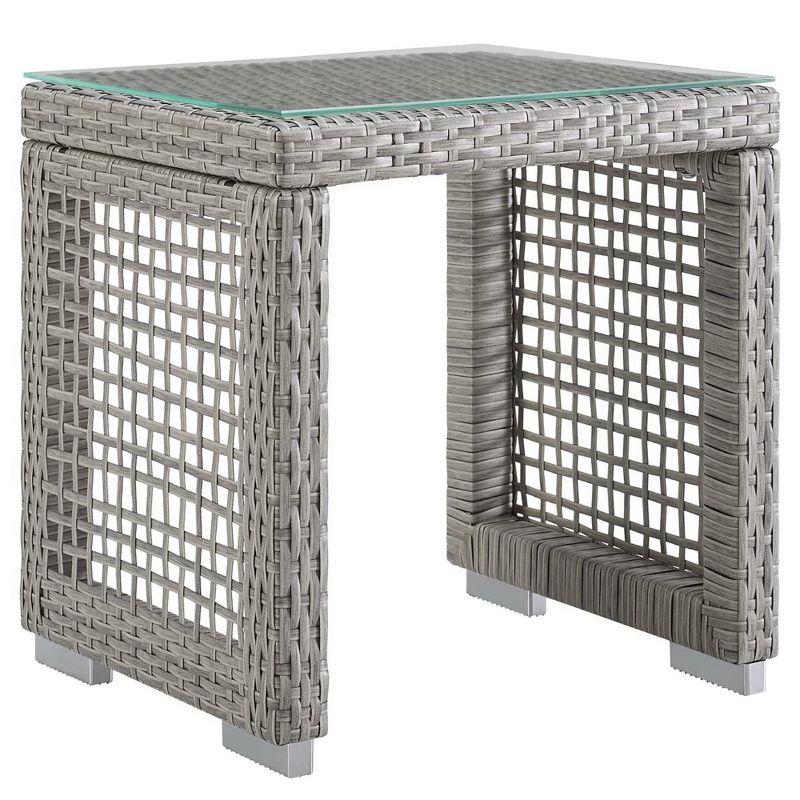Modway Aura Outdoor Side Table – Gray Wicker Rattan Patio Table with Glass Top and Modern Profile