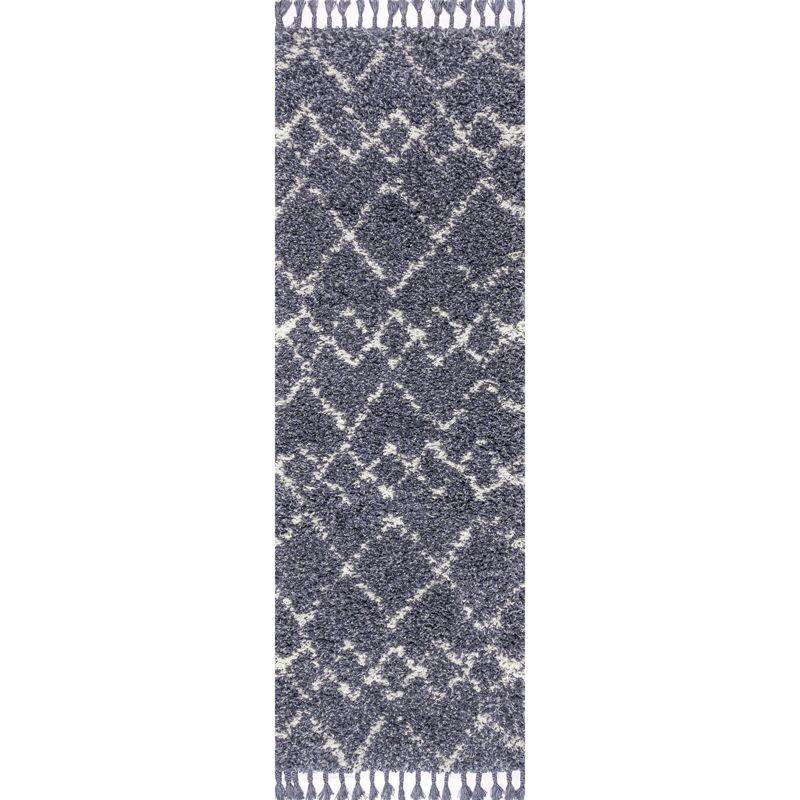 2'x8' Mercer Shag Plush Tassel Moroccan Geometric Trellis Area Rug, Denim/Cream - JONATHAN Y