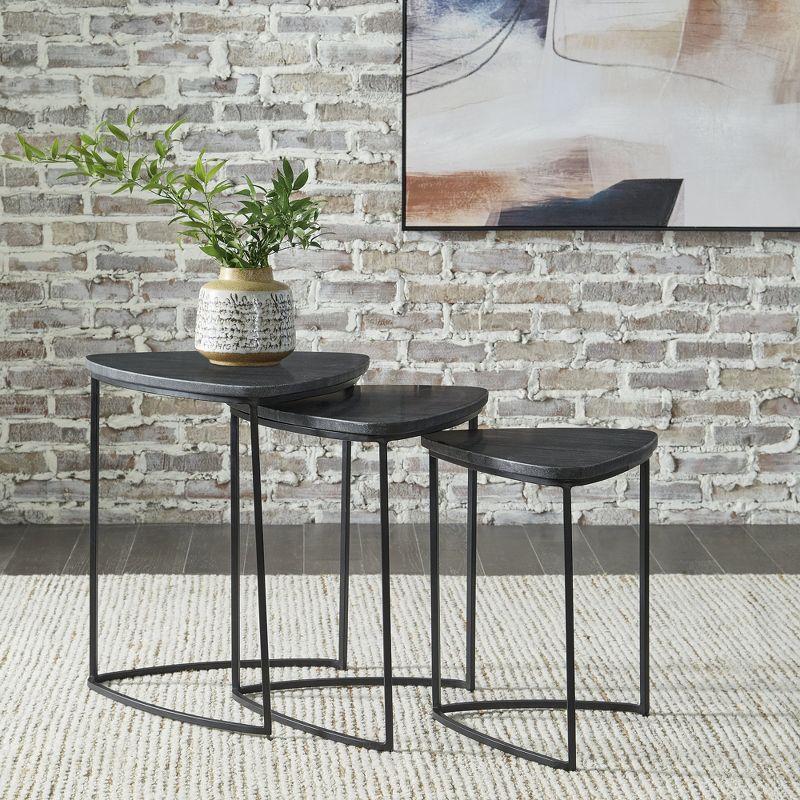 Olinmere Black Triangular Marble and Metal Nesting Tables, Set of 3