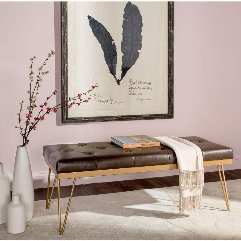 Transitional Brown and Gold PU Leather Bench with Hairpin Legs