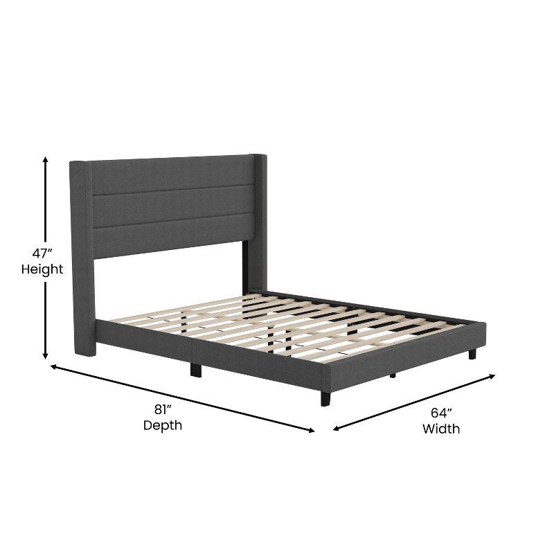 Merrick Lane Modern Queen Platform Bed with Padded Channel Stitched Charcoal Faux Linen Upholstered Wingback Headboard and 6" Underbed Clearance
