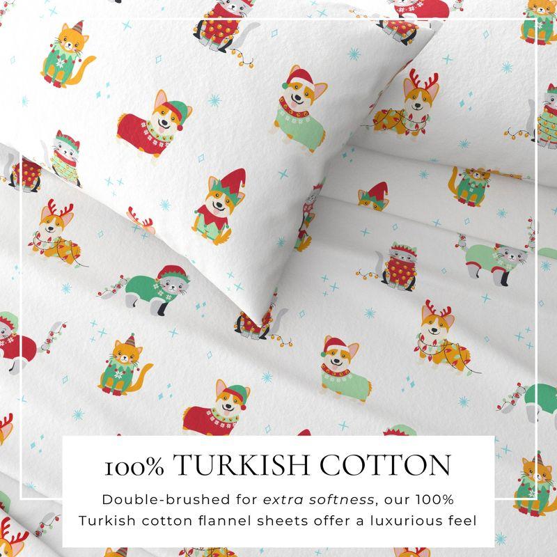 100% Cotton Christmas Flannel Sheets - Great Bay Home (Queen, Dog Cat Christmas)