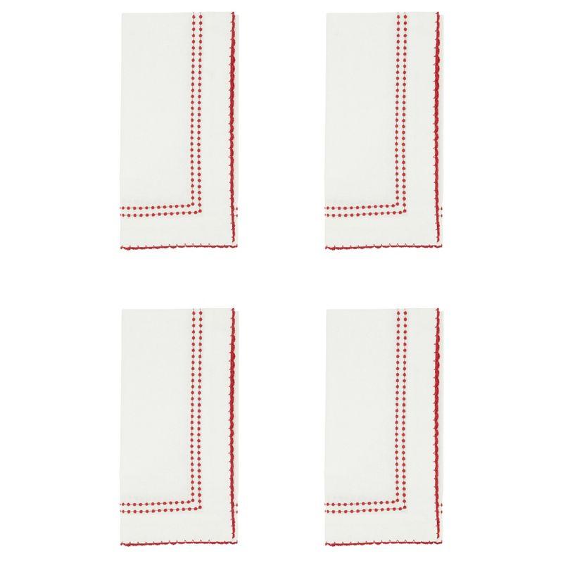 White Cotton Table Napkins with Red Embroidered Borders, Set of 4