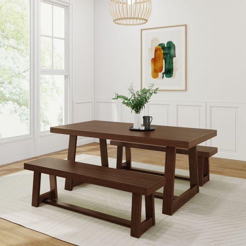 Plank+Beam Solid Wood Farmhouse Dining Table Set with 2 Benches for 6, Walnut Wirebrush