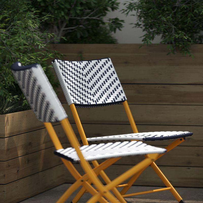 Flash Furniture Rouen Set of 2 Commercial Grade Foldable Bistro Chairs, Indoor/Outdoor PE Rattan Back and Seat, Navy/White with Natural Steel Frames