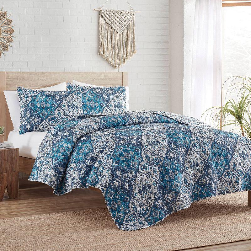 VCNY 3pc Full/Queen Denim Boho Medallion Reversible Quilt Set: Microfiber, Hypoallergenic, No Fill