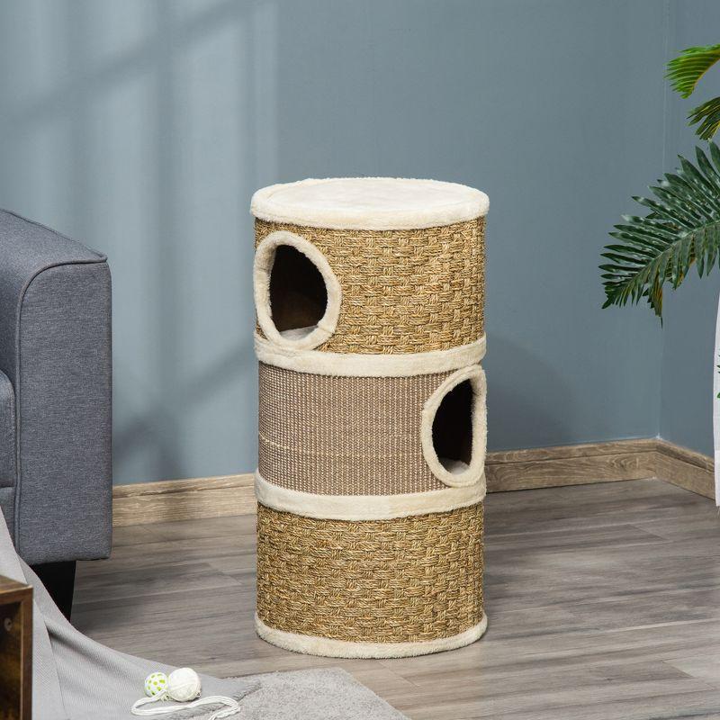 PawHut 28 Inch Cat Condo, 3 Story Cat Hideaway with Sisal Scratching Pad, Barrel Shaped Small Cat Tree for Indoor Cats, Khaki and Brown