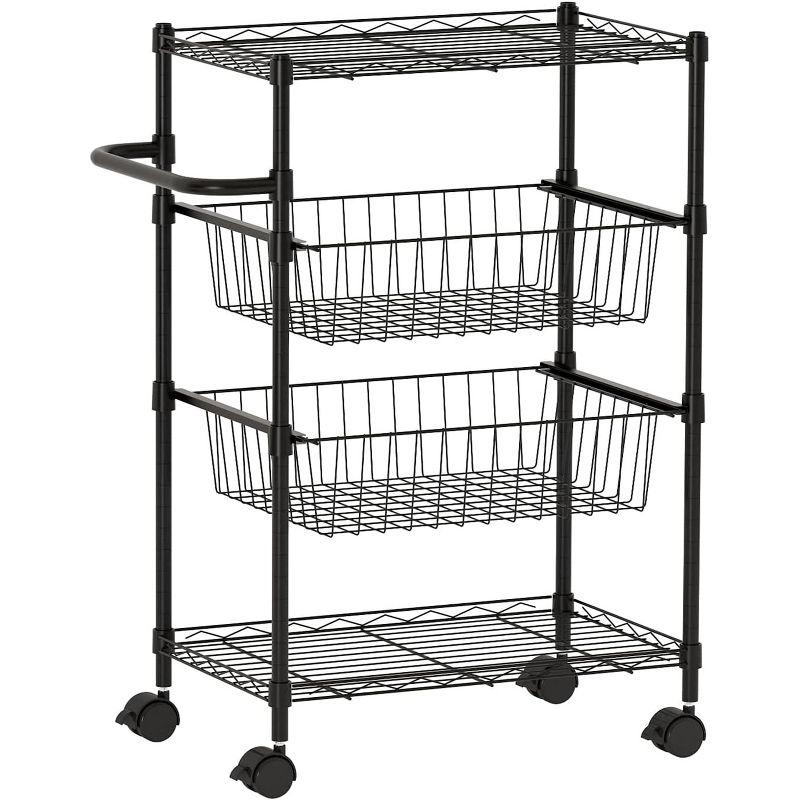 4 Tier Rolling Carts, Metal Wire Utility Cart with Wheels & Handle Bar, 110Lbs Heavy Duty Serving Trolley Storage Cart for Restaurant, Kitchen, Black