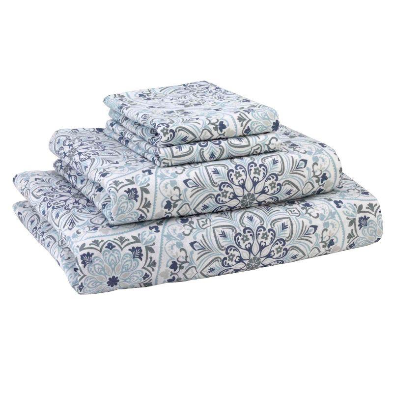 Blue Floral Cotton Flannel Full Sheet Set