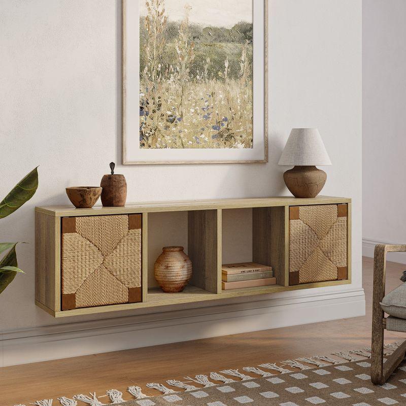 LuxenHome 42'' Mid Century Modern Floating TV Cabinet for Living Room, Wall Mounted Rope Storage Wall Cabinet with 2 Door and Open Shelves Brown