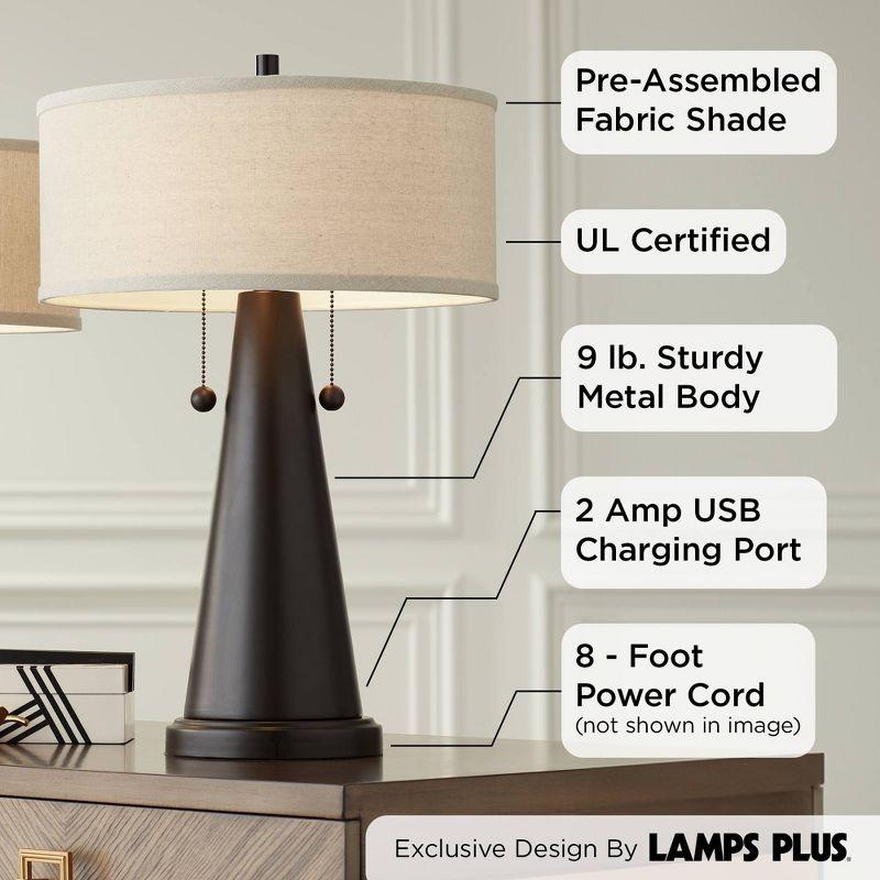 Franklin Iron Works Craig Rustic Farmhouse Accent Table Lamps 23" High Set of 2 Bronze with USB Charging Port Natural Drum Shade for Bedroom Desk