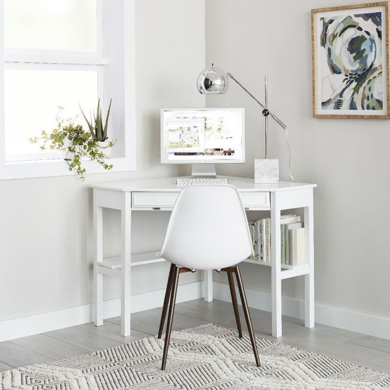 Modern White Wooden Corner Desk with Keyboard Tray and Drawer