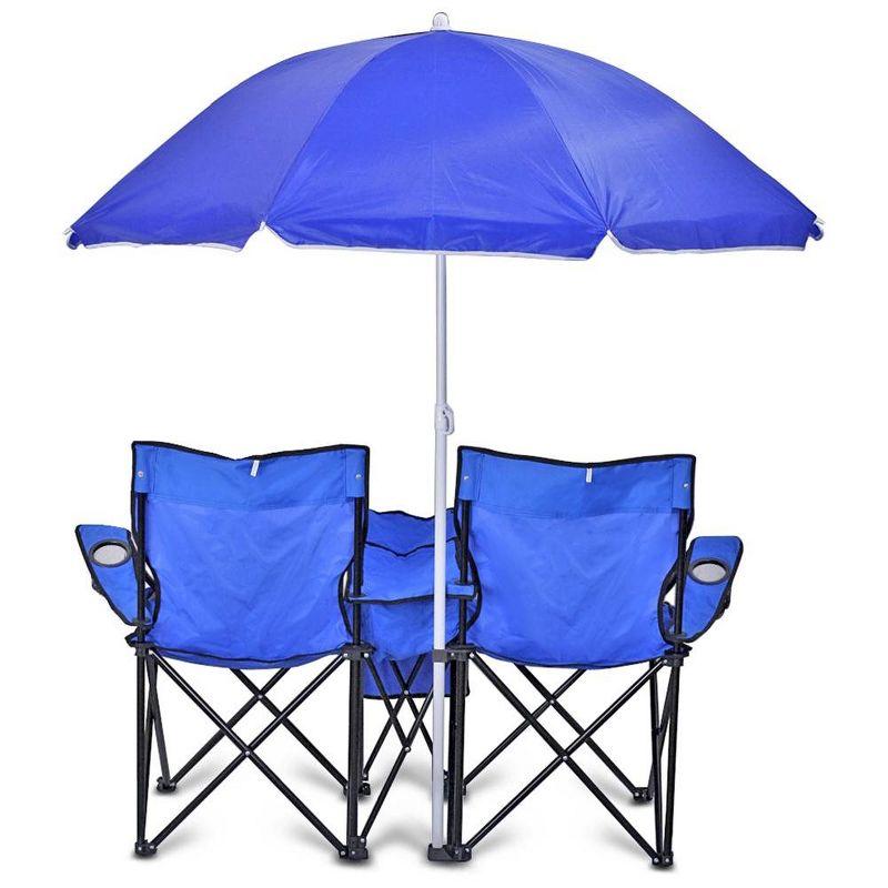 Blue Double Folding Camping Chair with Umbrella and Cooler