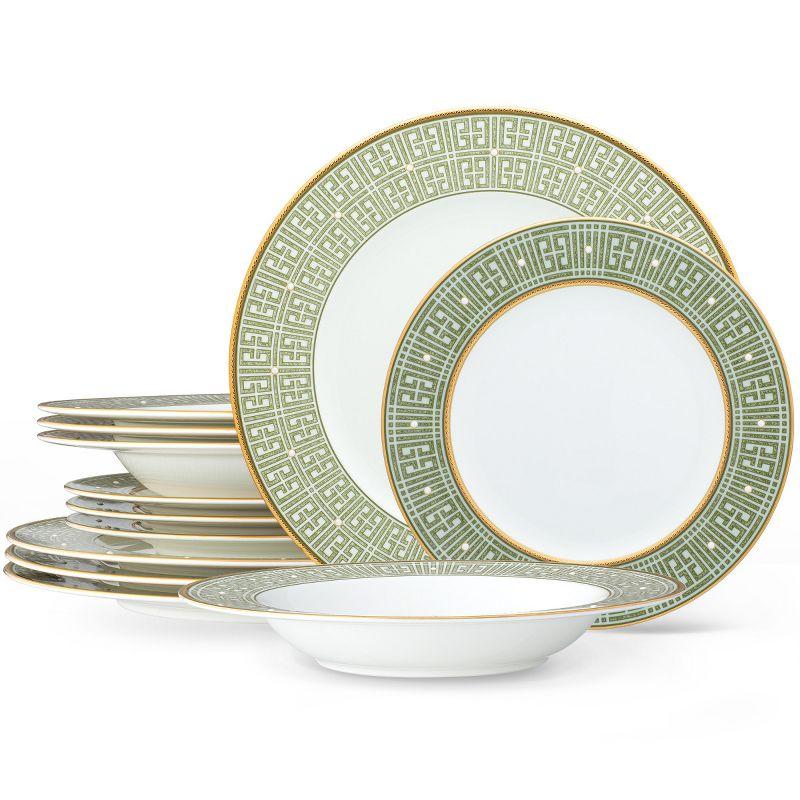 Green and Gold Porcelain 12-Piece Dinnerware Set, Service for 4