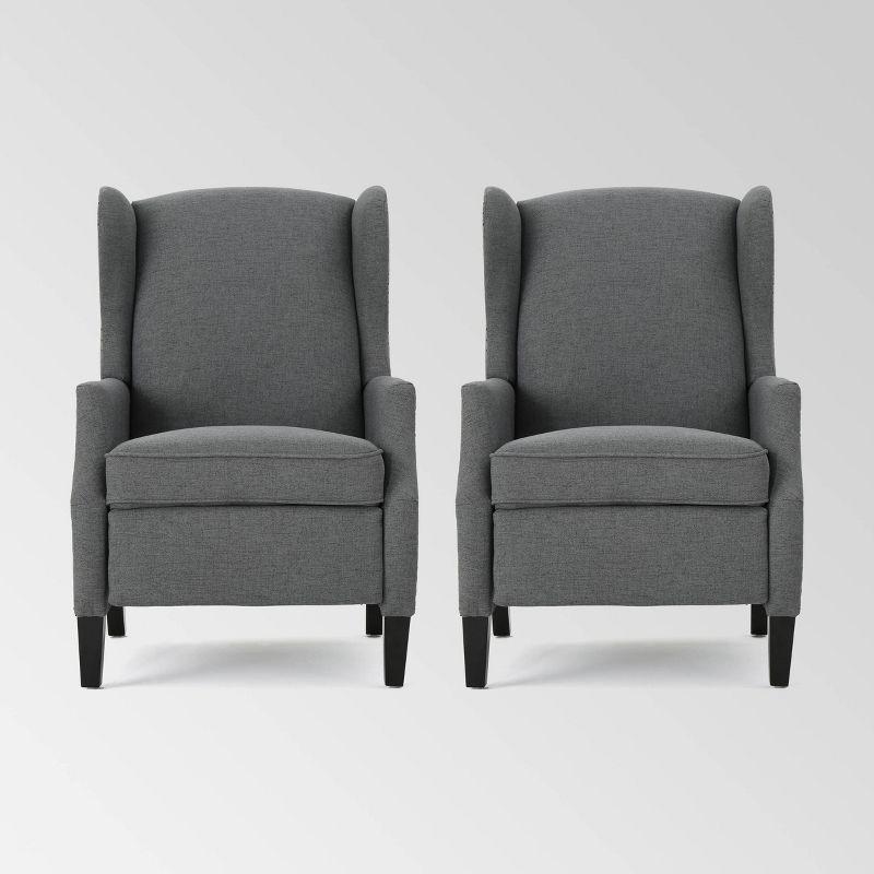 Set of 2 Charcoal Fabric Wingback Recliners with Wood Legs