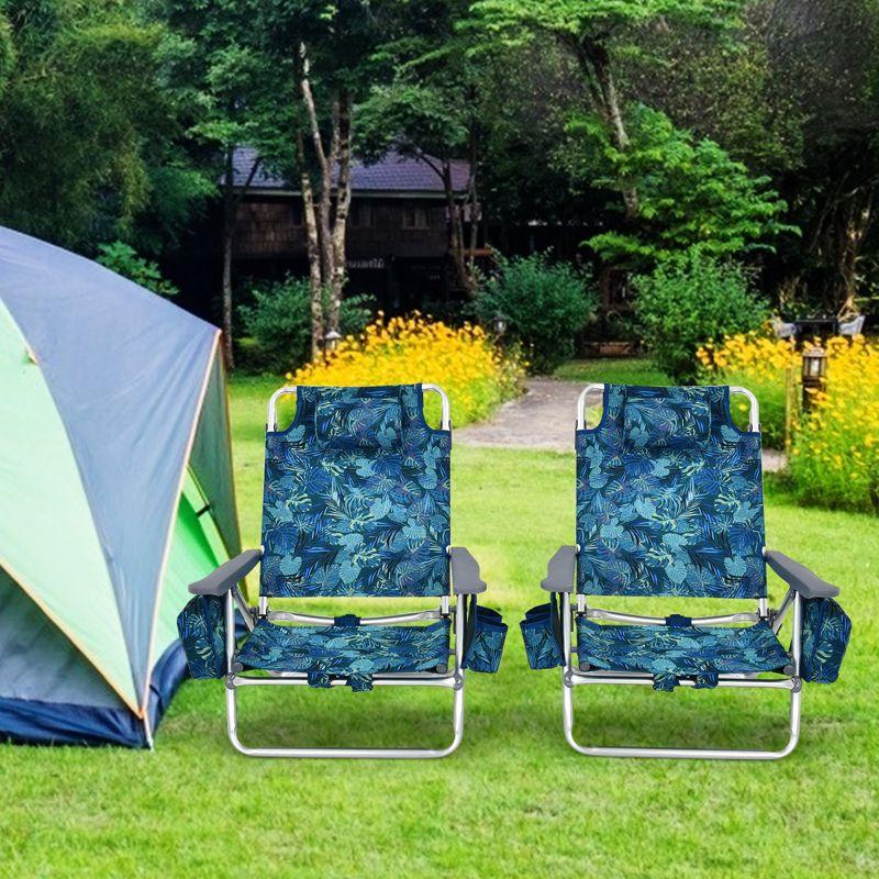 Dark Blue Aluminum Folding Beach Chair with Arms and Cup Holder