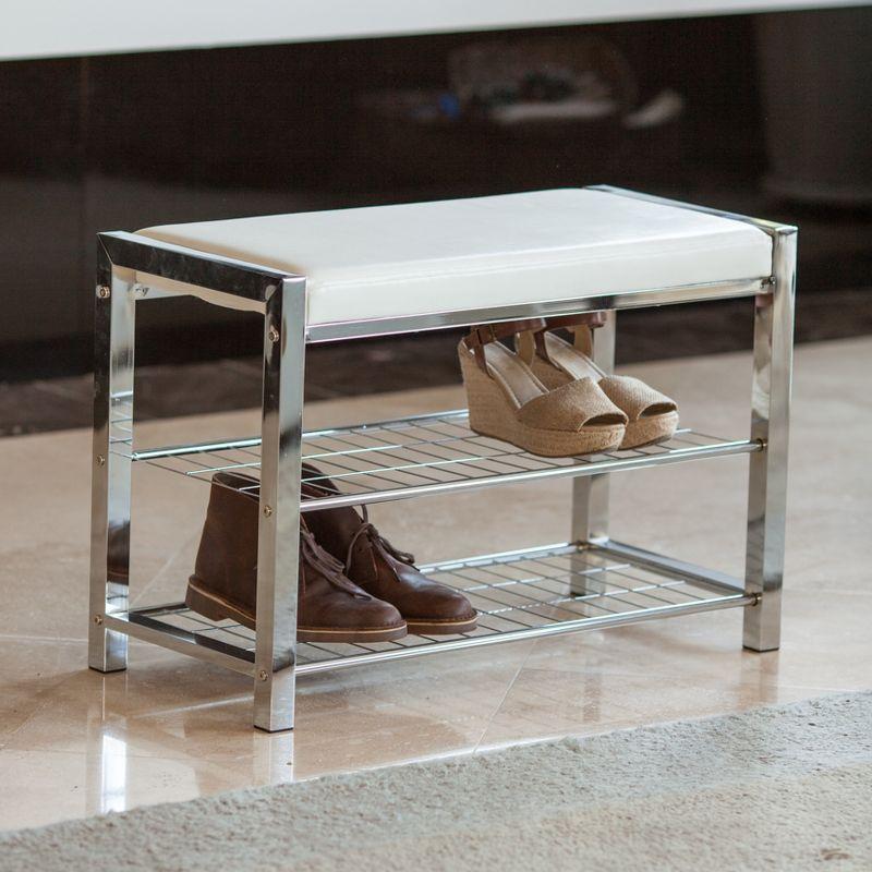 Chic White Leatherette and Chrome Metal Frame Entryway Shoe Bench with Storage