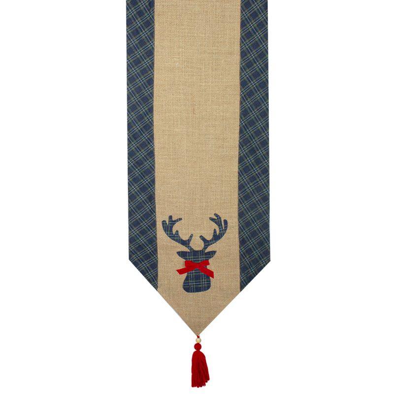 Northlight Burlap and Plaid Reindeer Christmas Runner - 80" - Blue and Beige