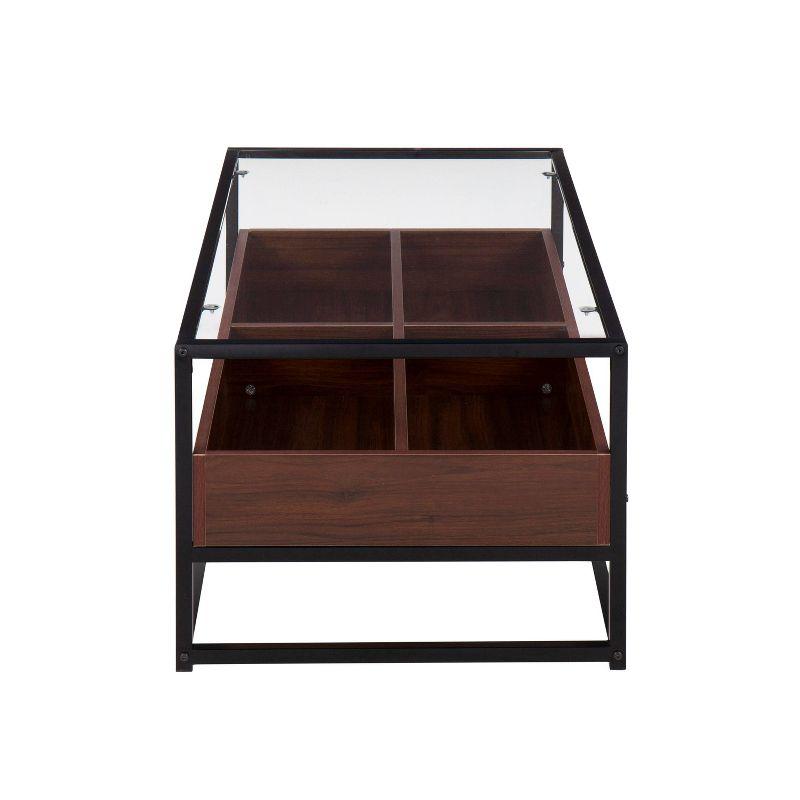 Contemporary Black Steel and Walnut Wood Coffee Table with Clear Glass Top